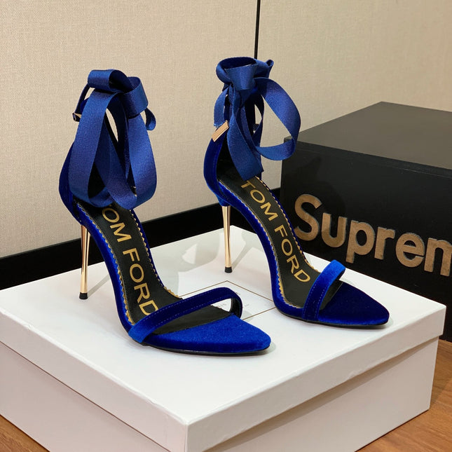 ANKLE SANDAL 10 CM IN NAVY BLUE VELVET AND SILK
