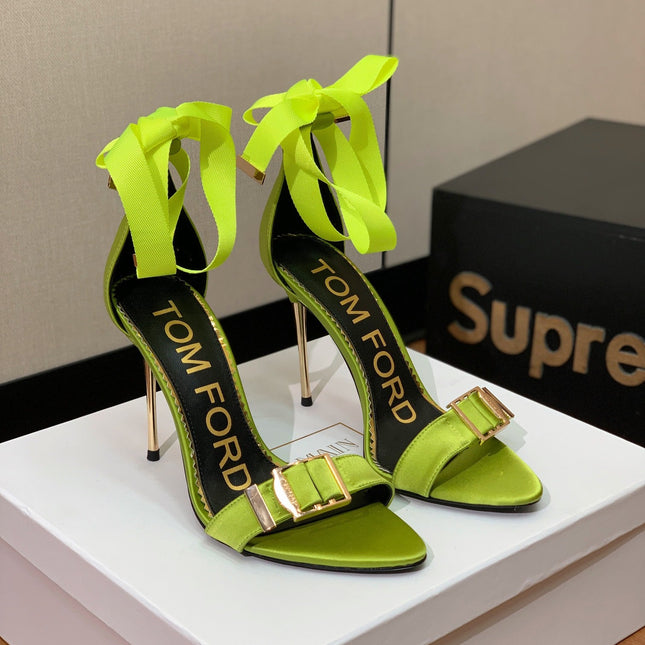 ANKLE SANDAL 10 CM IN PEAR GREEN SILK AND SHEEPSKIN