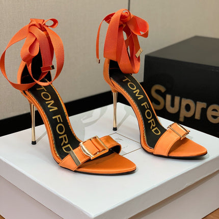 ANKLE SANDAL 10 CM IN SPANISH ORANGE SILK AND SHEEPSKIN
