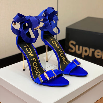 ANKLE SANDAL 10 CM IN COBALT BLUE SILK AND SHEEPSKIN