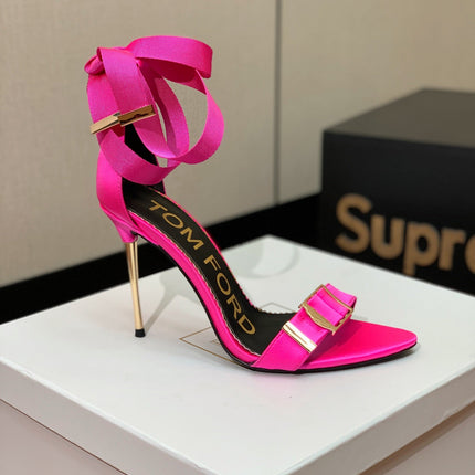 ANKLE SANDAL 10 CM IN BRIGHT PINK SILK AND SHEEPSKIN
