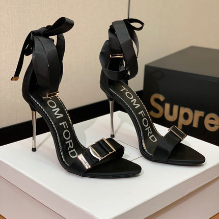 ANKLE SANDAL 10 CM IN BLACK SILK AND SHEEPSKIN
