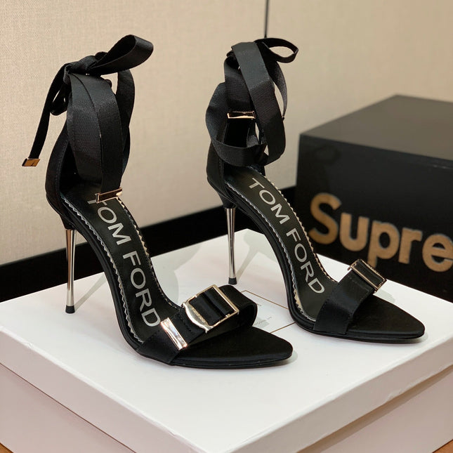 ANKLE SANDAL 10 CM IN BLACK SILK AND SHEEPSKIN