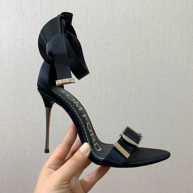 ANKLE SANDAL 10 CM IN BLACK SILK AND SHEEPSKIN