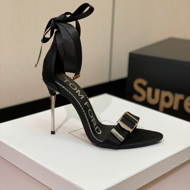 ANKLE SANDAL 10 CM IN BLACK SILK AND SHEEPSKIN