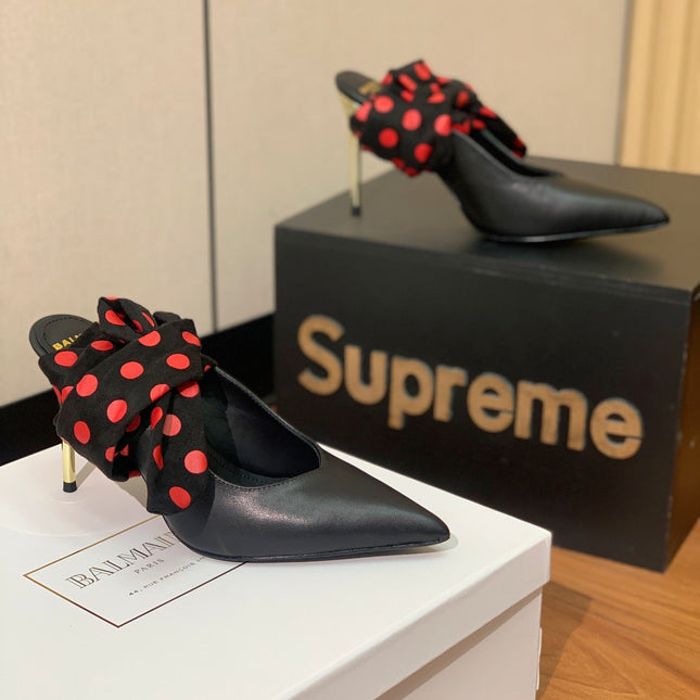 BALMAIN 25S BAKARI MULE WITH RED POLKA DOTS ON BLACK STRAP 95MM IN BLACK CALFSKIN