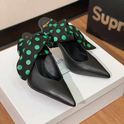 BALMAIN 25S BAKARI MULE WITH GREEN POLKA DOTS ON BLACK STRAP 95MM IN BLACK CALFSKIN