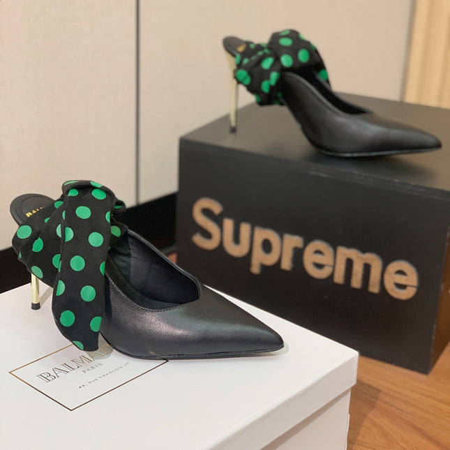 BALMAIN 25S BAKARI MULE WITH GREEN POLKA DOTS ON BLACK STRAP 95MM IN BLACK CALFSKIN