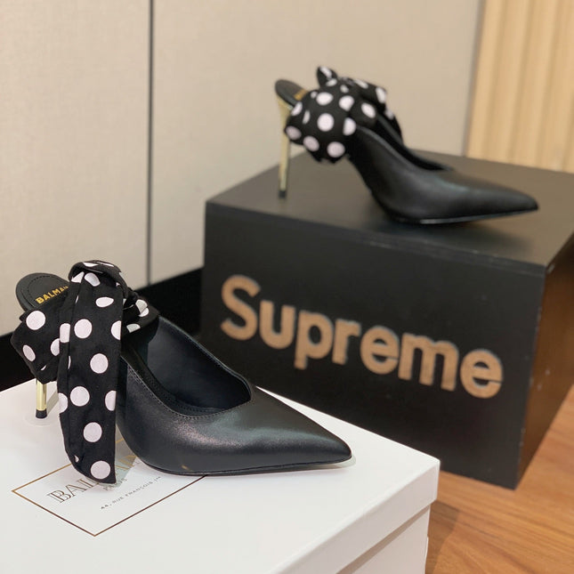 BALMAIN 25S BAKARI MULE WITH MONOCHROME POLKA DOT STRAP 95MM IN BLACK CALFSKIN