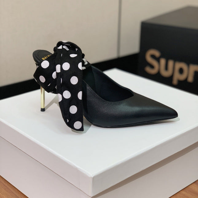 BALMAIN 25S BAKARI MULE WITH MONOCHROME POLKA DOT STRAP 95MM IN BLACK CALFSKIN