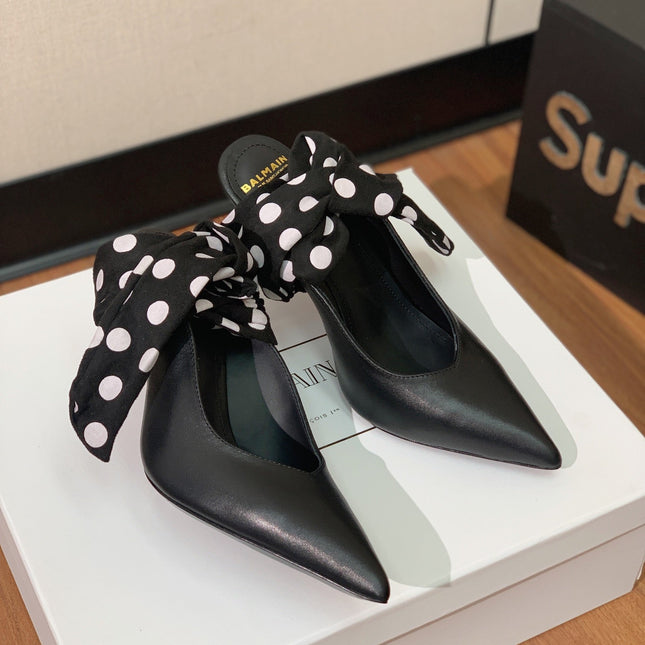 BALMAIN 25S BAKARI MULE WITH MONOCHROME POLKA DOT STRAP 95MM IN BLACK CALFSKIN