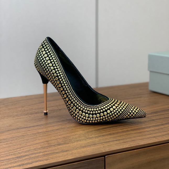 GOLD STUDDED AND BLACK SUEDE POINTED TOE PUMPS