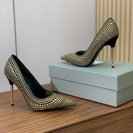 GOLD STUDDED AND BLACK SUEDE POINTED TOE PUMPS