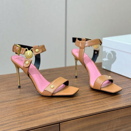 BALMAIN 25S HEELED EVA SANDALS 95MM IN BROWN AND PINK CALFSKIN