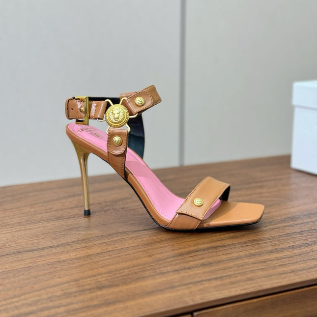 BALMAIN 25S HEELED EVA SANDALS 95MM IN BROWN AND PINK CALFSKIN