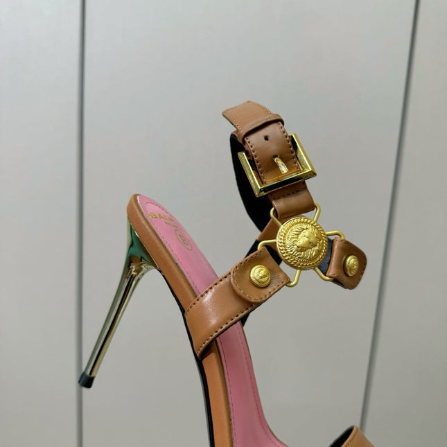 BALMAIN 25S HEELED EVA SANDALS 95MM IN BROWN AND PINK CALFSKIN