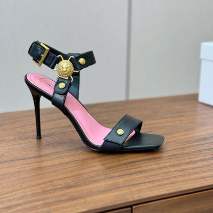 BALMAIN 25S HEELED EVA SANDALS 95MM IN BLACK AND PINK CALFSKIN