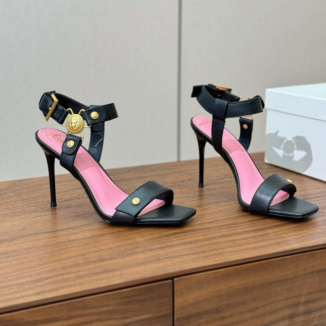 BALMAIN 25S HEELED EVA SANDALS 95MM IN BLACK AND PINK CALFSKIN