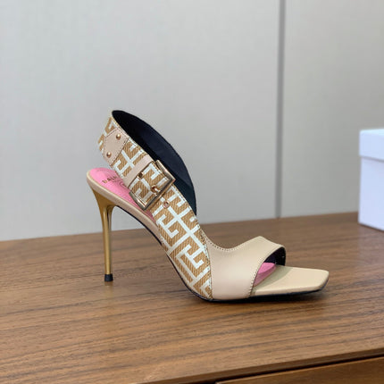 BALMAIN 25S JACQUARD KNIT SLINGBACK PUMPS 95MM IN BEIGE GRAY AND PINK CALFSKIN