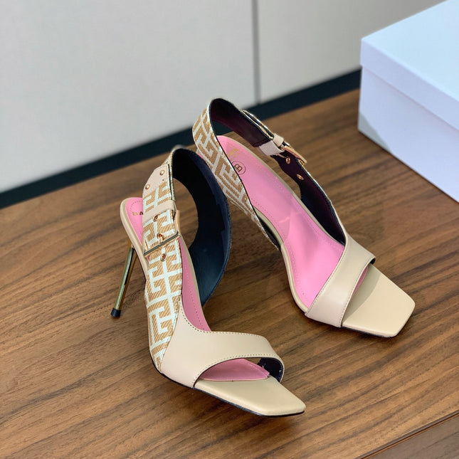 BALMAIN 25S JACQUARD KNIT SLINGBACK PUMPS 95MM IN BEIGE GRAY AND PINK CALFSKIN