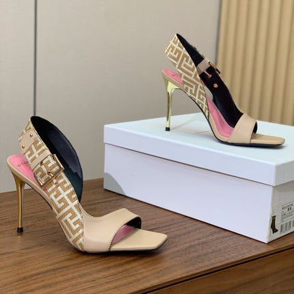 BALMAIN 25S JACQUARD KNIT SLINGBACK PUMPS 95MM IN BEIGE GRAY AND PINK CALFSKIN