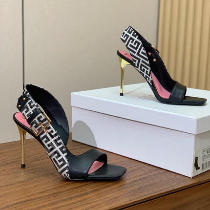 BALMAIN 25S JACQUARD KNIT SLINGBACK PUMPS 95MM IN BLACK AND PINK CALFSKIN