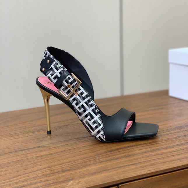 BALMAIN 25S JACQUARD KNIT SLINGBACK PUMPS 95MM IN BLACK AND PINK CALFSKIN