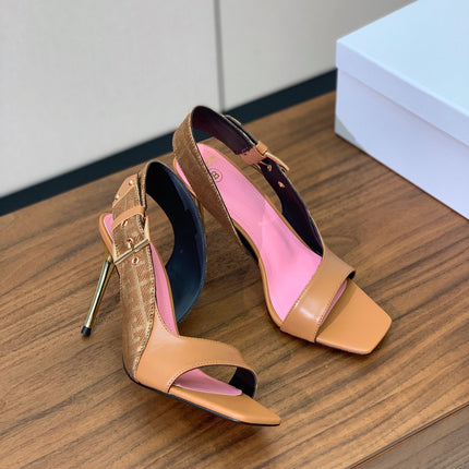 BALMAIN 25S JACQUARD KNIT SLINGBACK PUMPS 95MM IN BROWN AND PINK CALFSKIN