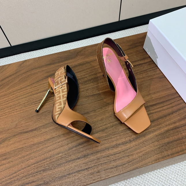 BALMAIN 25S JACQUARD KNIT SLINGBACK PUMPS 95MM IN BROWN AND PINK CALFSKIN