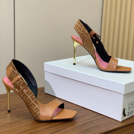 BALMAIN 25S JACQUARD KNIT SLINGBACK PUMPS 95MM IN BROWN AND PINK CALFSKIN