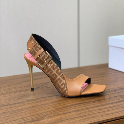 BALMAIN 25S JACQUARD KNIT SLINGBACK PUMPS 95MM IN BROWN AND PINK CALFSKIN