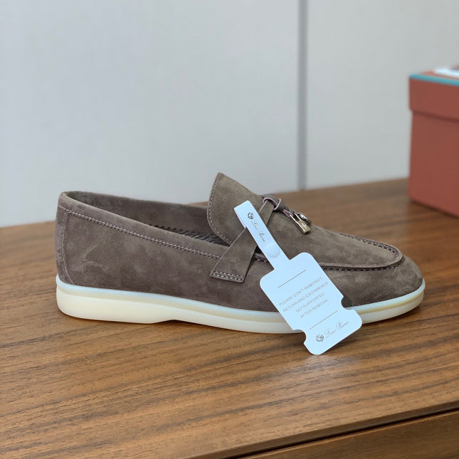 SUMMER WALK LOAFERS BROWN SUEDE SILVER PADLOCK CHARM