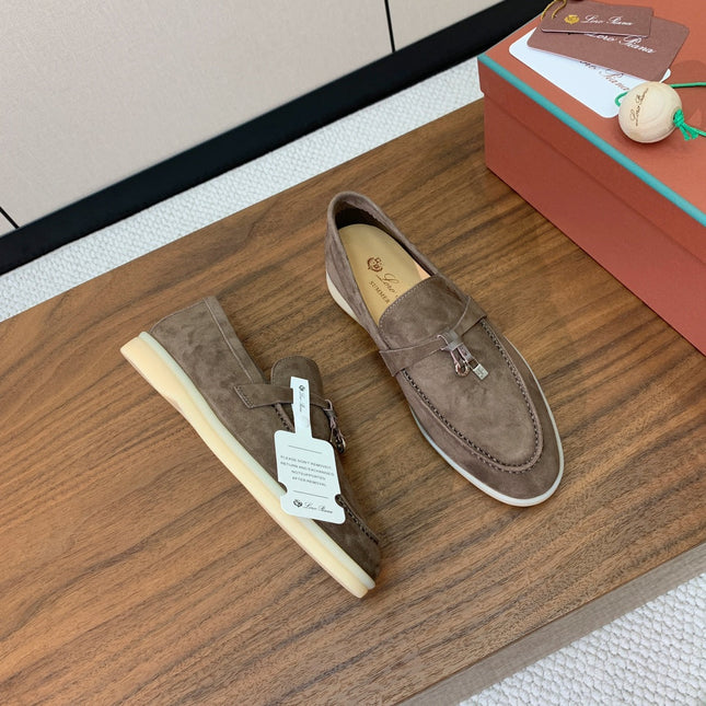 SUMMER WALK LOAFERS BROWN SUEDE SILVER PADLOCK CHARM