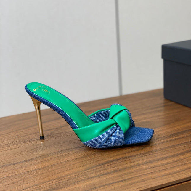 BALMAIN 25S HIGH HEEL MULES 95MM IN EMERALD GREEN DENIM AND CALFSKIN