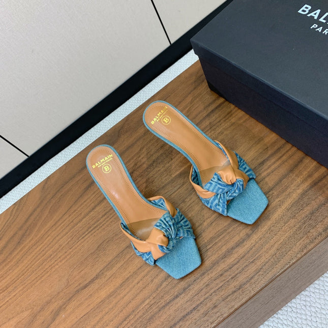BALMAIN 25S HIGH HEEL MULES 95MM IN WARM CARAMEL DENIM AND CALFSKIN