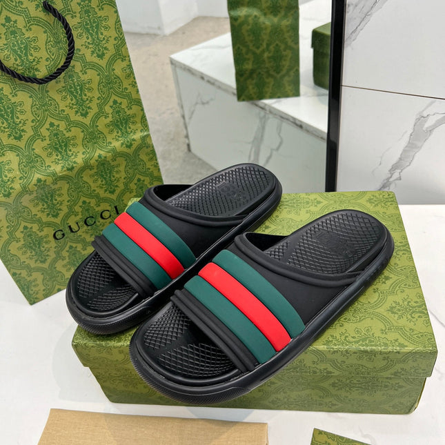 PLATFORM SLIPPERS IN BLACK MIX GREEN AND RED IMPORTED TPU