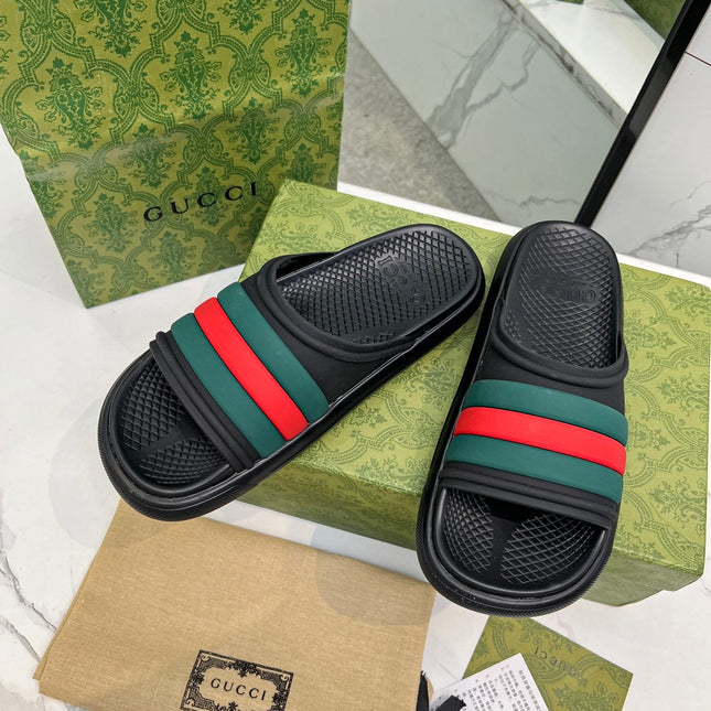 PLATFORM SLIPPERS IN BLACK MIX GREEN AND RED IMPORTED TPU
