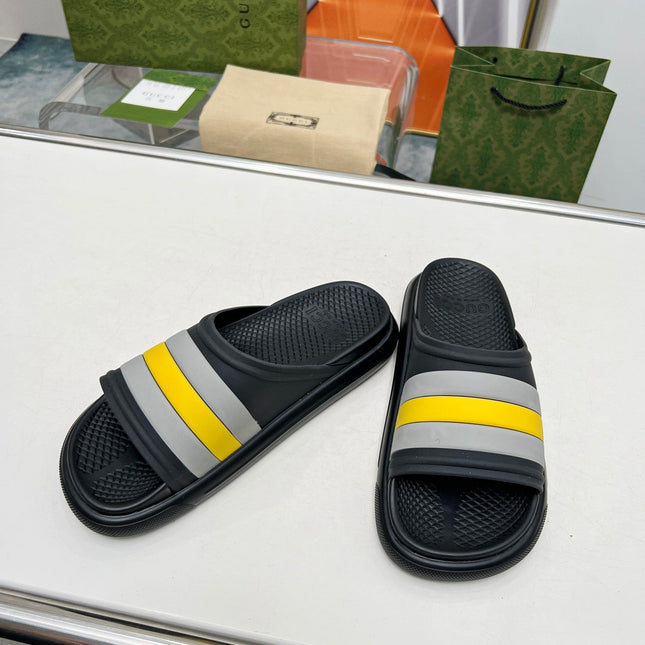 PLATFORM SLIPPERS IN BLACK MIX GRAY AND YELLOW IMPORTED TPU