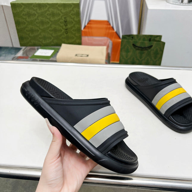 PLATFORM SLIPPERS IN BLACK MIX GRAY AND YELLOW IMPORTED TPU