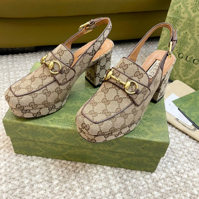 GG HIGH - HEEL SLINGBACK WITH HORSEBIT LIGHT BROWN CALFSKIN