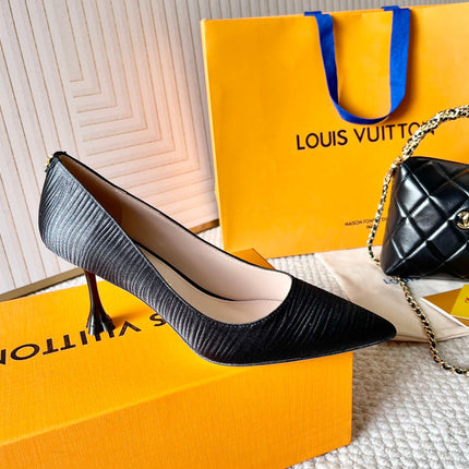 BLOSSOM PUMP 75 MM IN BLACK IMPORTED STRIPED SILK SATIN