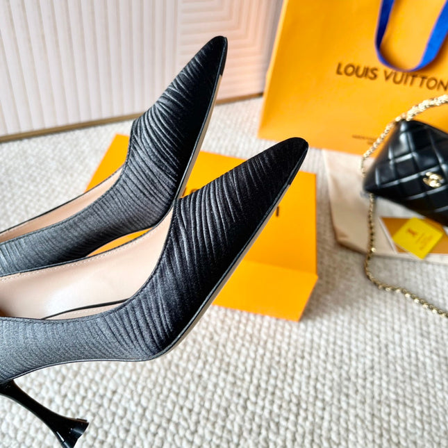 BLOSSOM PUMP 75 MM IN BLACK IMPORTED STRIPED SILK SATIN