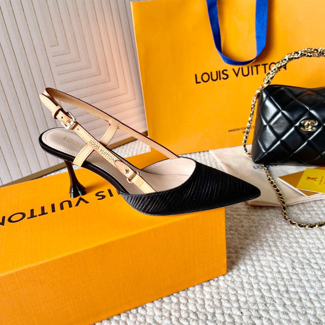 BLOSSOM PUMP SLINGBACKS 75 MM IN BLACK IMPORTED STRIPED SILK SATIN