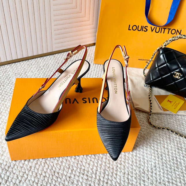 BLOSSOM PUMP SLINGBACKS 75 MM IN BLACK IMPORTED STRIPED SILK SATIN