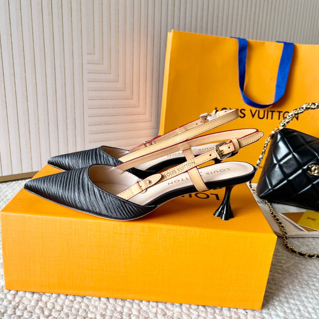 BLOSSOM PUMP SLINGBACKS 55 MM IN BLACK IMPORTED STRIPED SILK SATIN