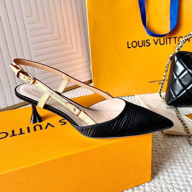 BLOSSOM PUMP SLINGBACKS 55 MM IN BLACK IMPORTED STRIPED SILK SATIN