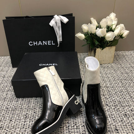 ROUND-TOE SHORT BOOTS BLACK MIX WHITE SHEEPSKIN