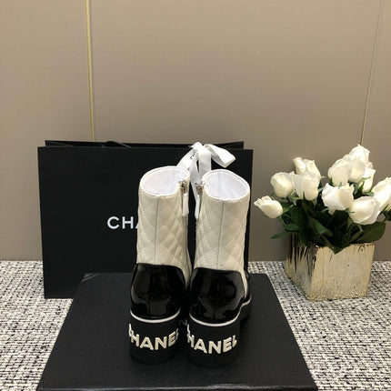 ROUND-TOE SHORT BOOTS BLACK MIX WHITE SHEEPSKIN