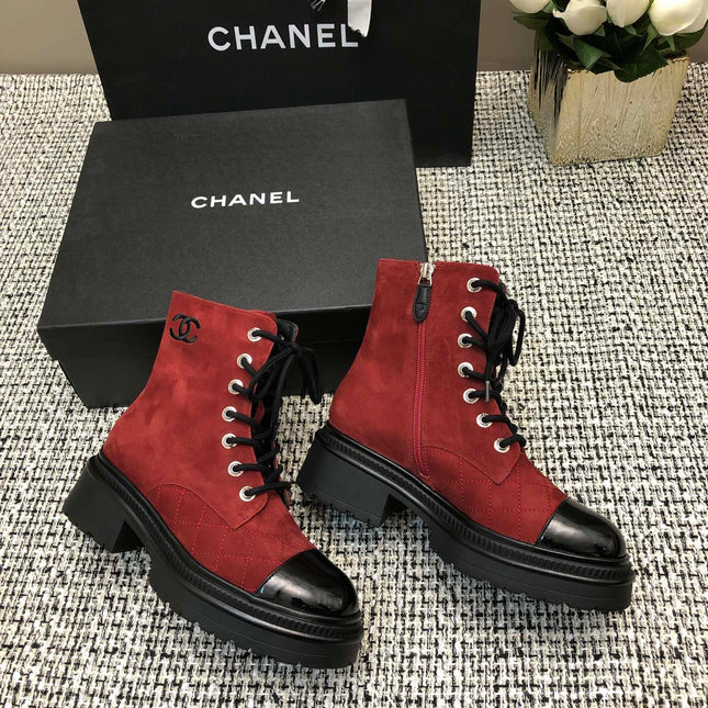 SHORT BOOTS GARNET RED MIX BLACK SUEDE LAMBSKIN