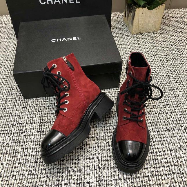 SHORT BOOTS GARNET RED MIX BLACK SUEDE LAMBSKIN